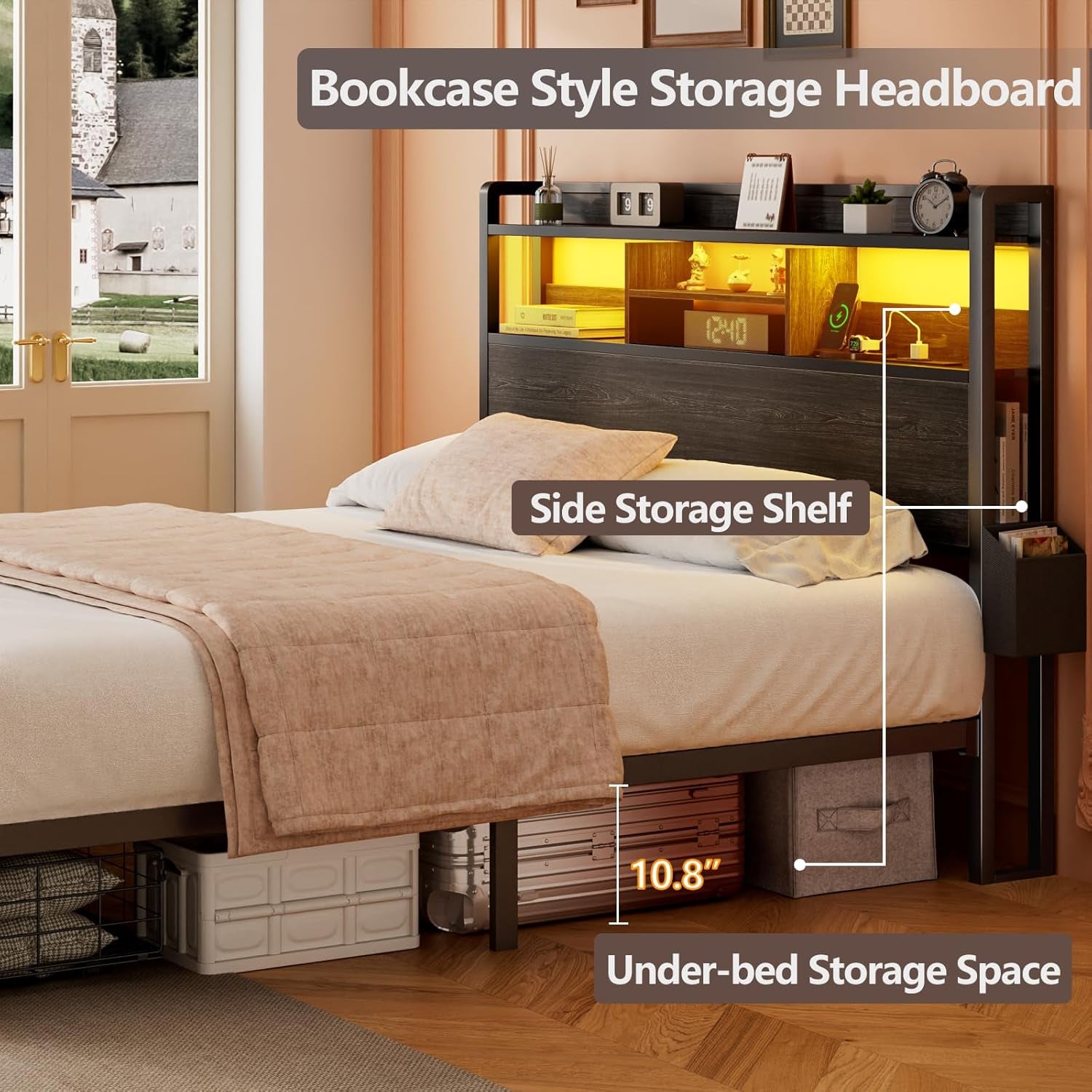 Full Size Bed Frame with Wood Headboard, Metal Platform Bed Frame Full Size with 2 Storage Drawers and Shelf, LED Lights and Charging Station, No Box Spring Needed, Noise Free, Black