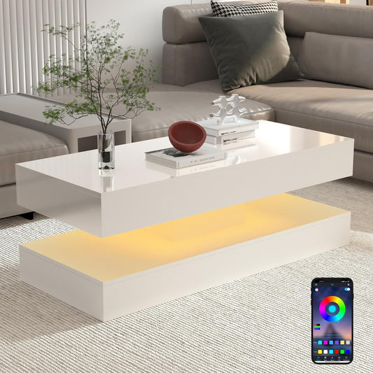 47.3In Large High Glossy LED Coffee Table with 2 Storage Drawers,Black/White Modern Coffee Tables for Living Room,Living Room Tables,App LED Lights (White)