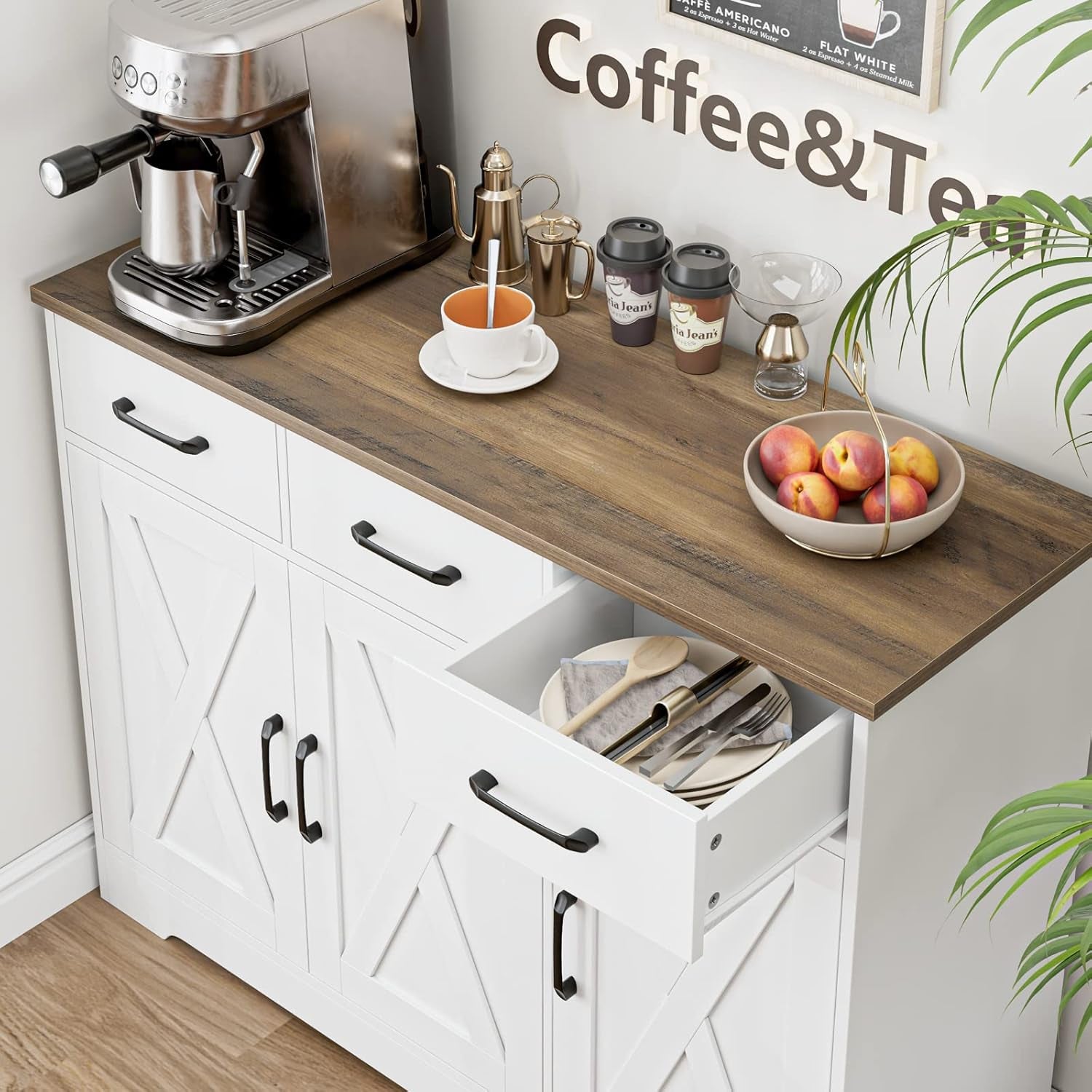 Modern Farmhouse Sideboard Buffet Cabinet, Barn Doors Buffet Storage Cabinet with Drawers and Shelves, Wood Coffee Bar with Storage for Kitchen, Dining Room, Living Room, White