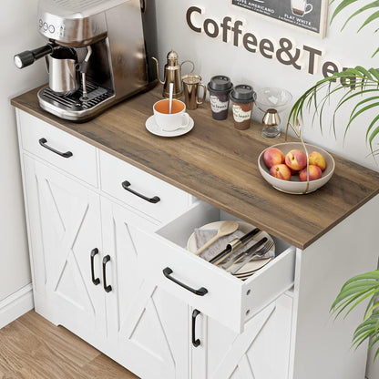 Modern Farmhouse Sideboard Buffet Cabinet, Barn Doors Buffet Storage Cabinet with Drawers and Shelves, Wood Coffee Bar with Storage for Kitchen, Dining Room, Living Room, White