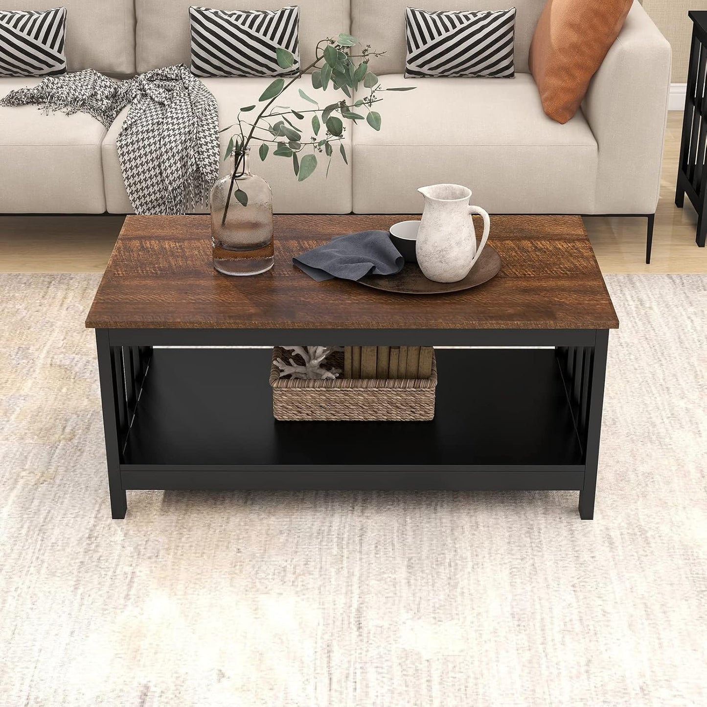 Farmhouse Coffee Table, Black Living Room Table with Shelf, 40 Inch