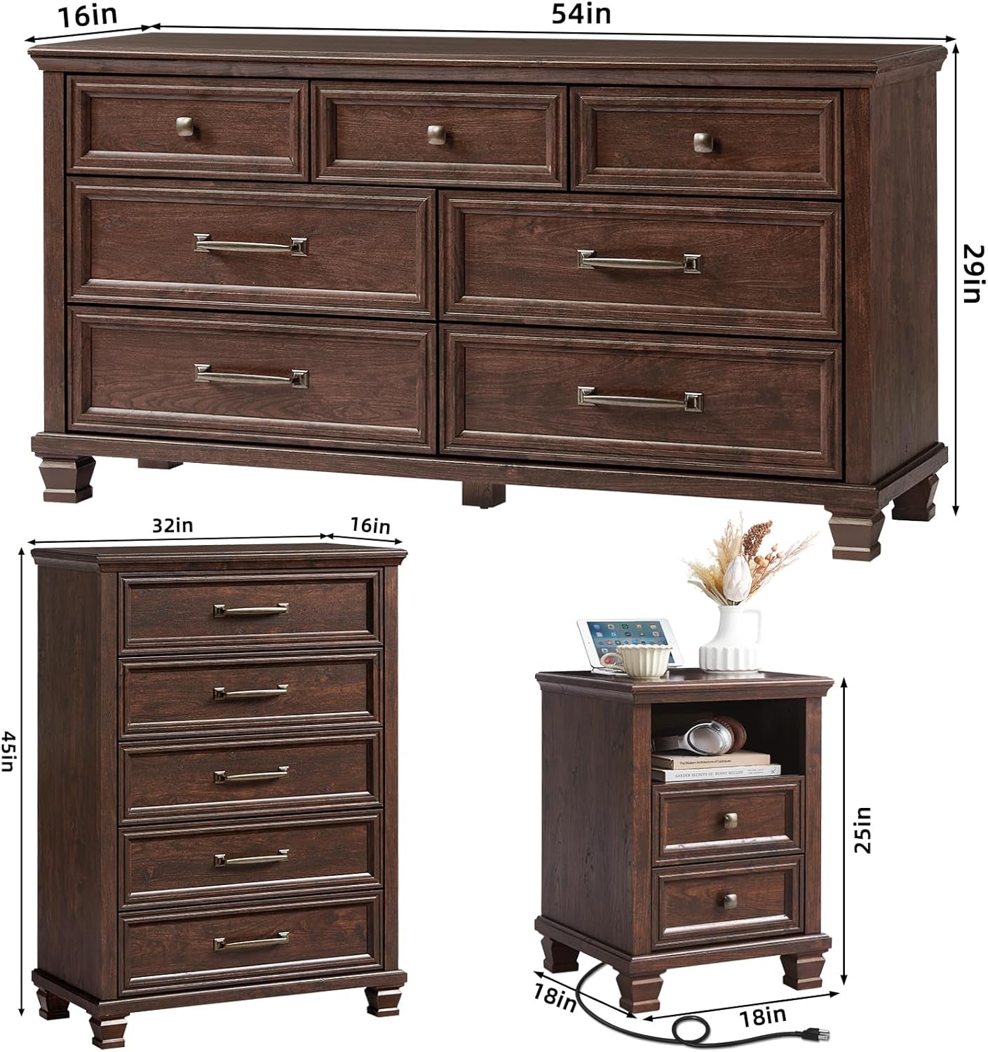 Farmhouse Dresser and Nightstand Sets 4 Piece, 5/7 Drawer Dresser & 2 Drawer Nightstand Set, Rustic Wood Bedroom Furniture Set for Home, Bedroom, Hallway, Walnut