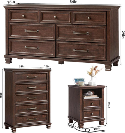 Farmhouse Dresser and Nightstand Sets 4 Piece, 5/7 Drawer Dresser & 2 Drawer Nightstand Set, Rustic Wood Bedroom Furniture Set for Home, Bedroom, Hallway, Walnut