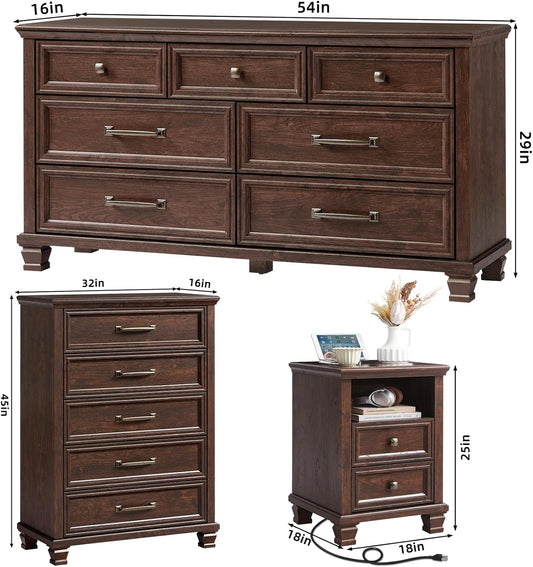 Farmhouse Dresser and Nightstand Sets 4 Piece, 5/7 Drawer Dresser & 2 Drawer Nightstand Set, Rustic Wood Bedroom Furniture Set for Home, Bedroom, Hallway, Walnut