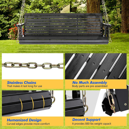 Upgraded Patio Wooden Porch Swing for Courtyard & Garden, Heavy Duty 880 LBS Swing Chair Bench with Hanging Chains for Outdoors (Black, 5 FT)