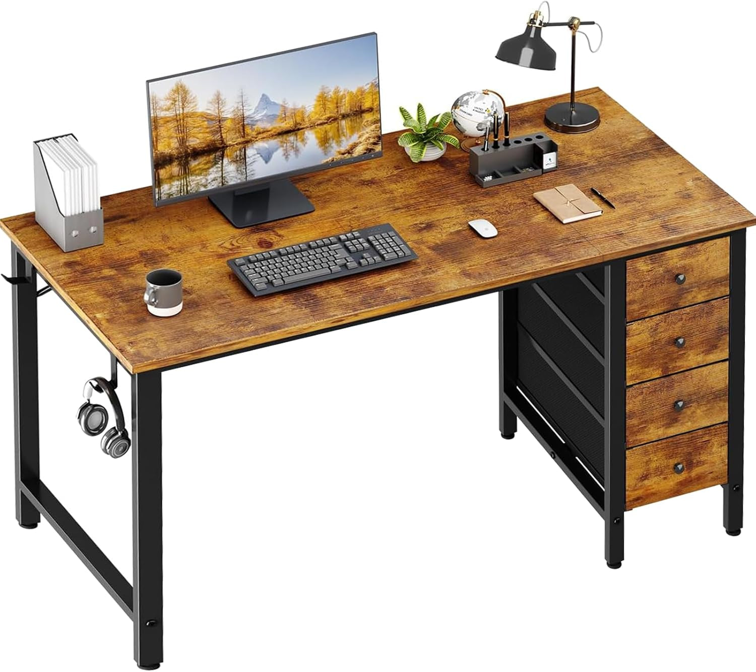 Computer Desk with Fabric Drawers - 55 Inch Long Study Work Writing Desk for Home Office Bedroom, Reversible Simple Modern Cute PC Desks with Drawer, Rustic Brown