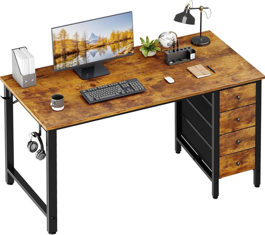 Computer Desk with Fabric Drawers - 55 Inch Long Study Work Writing Desk for Home Office Bedroom, Reversible Simple Modern Cute PC Desks with Drawer, Rustic Brown