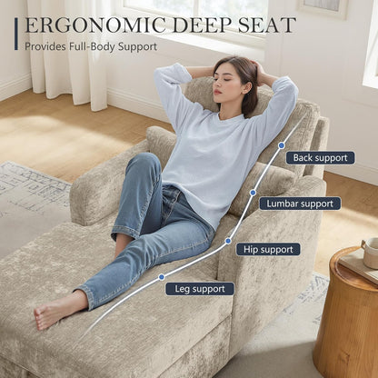 Chaise Lounge Chair Indoor with 2-Position Adjustable Backrest, Chenille Lounge Sofa Chairs with Storage Space & 2 Pillows, Modern Upholstered Reading Chair for Living Room, Bedroom, Office