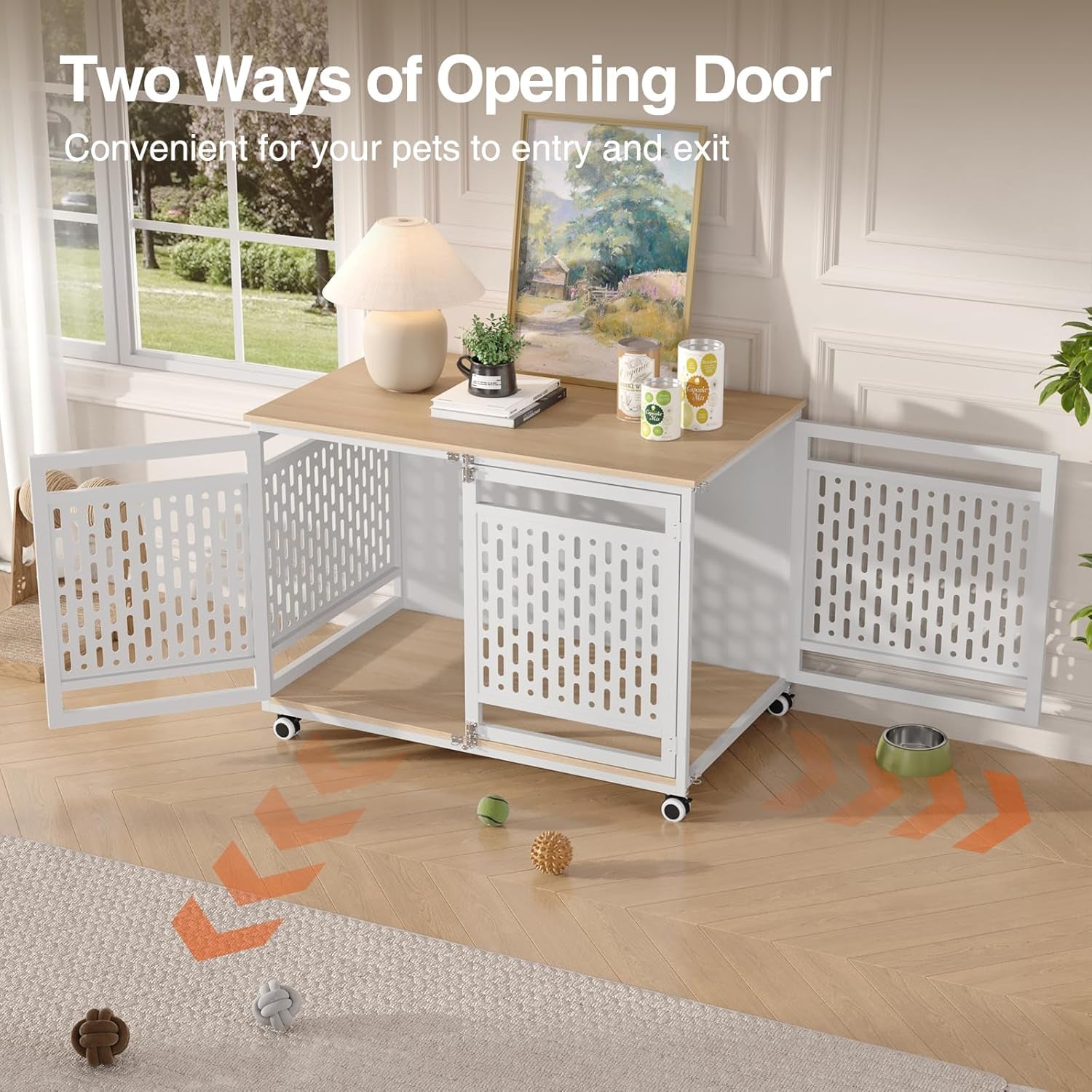 40.1" Dog Crate Furniture for Medium and Large Breed, Decorative Dog Kennel Indoor with Lockable Wheels, Heavy Duty Wooden End Side Table Pet Cage, Chew-Resistant, White