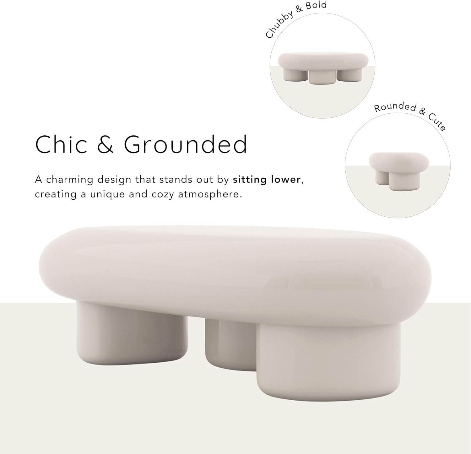 Kavren Modern 37-Inch Oval Glossy Low Profile Coffee Table, Stone Shape Living Room Furniture for Small Space, Ivory