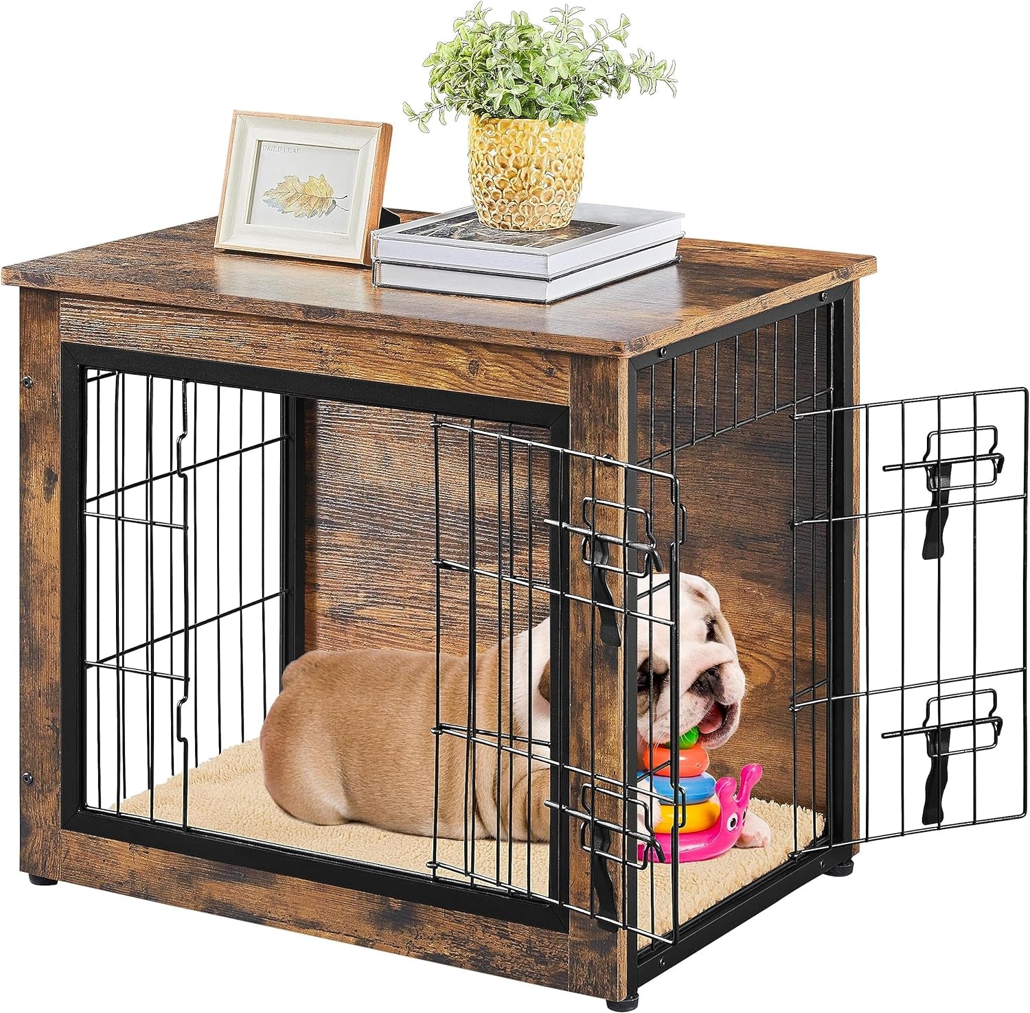 27.5'' Dog Crate Furniture with Cushion Wooden Dog Crate with Double Doors/Adjustable Feet Side End Table for Small/Medium Dogs, 27.5" L X 20" W X 24" H