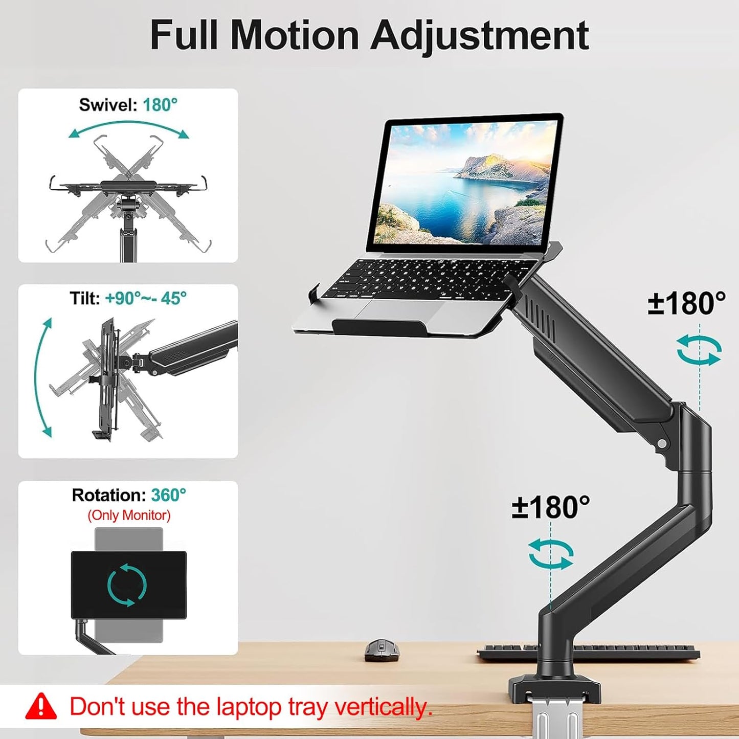 Laptop Arm Mount for Desk, 2 in 1 Function Monitor Laptop Stand, Fits Max 17" Notebook and 32" Computer Screen, Aluminum Single Monitor Holder with Adjustable Tray, Holds up to 22Lbs