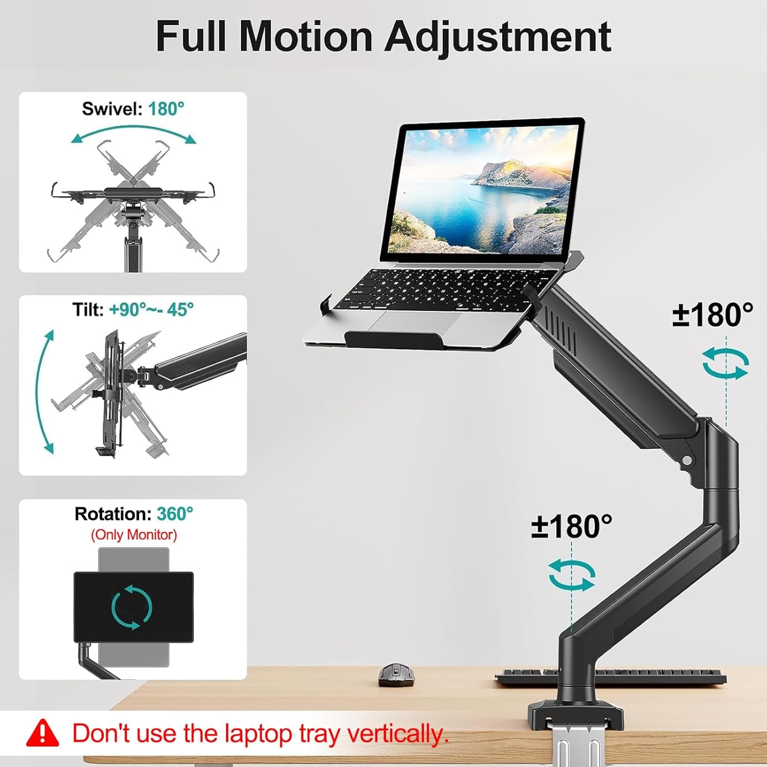Laptop Arm Mount for Desk, 2 in 1 Function Monitor Laptop Stand, Fits Max 17" Notebook and 32" Computer Screen, Aluminum Single Monitor Holder with Adjustable Tray, Holds up to 22Lbs
