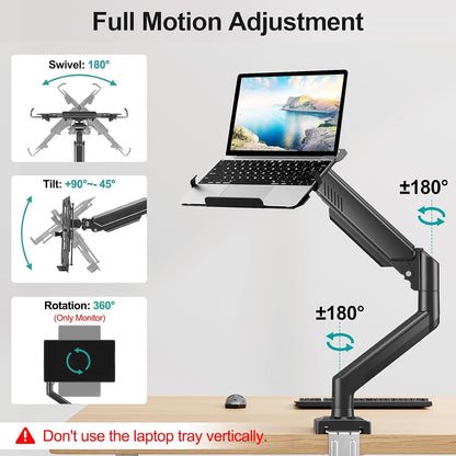 Laptop Arm Mount for Desk, 2 in 1 Function Monitor Laptop Stand, Fits Max 17" Notebook and 32" Computer Screen, Aluminum Single Monitor Holder with Adjustable Tray, Holds up to 22Lbs