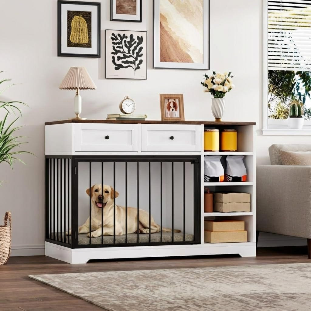 47" Dog Crate Furniture with Drawers & Shelves, Wooden Dog Kennel Furniture TV Stand, Rustic Pet Crate End Table for Medium Large Dogs