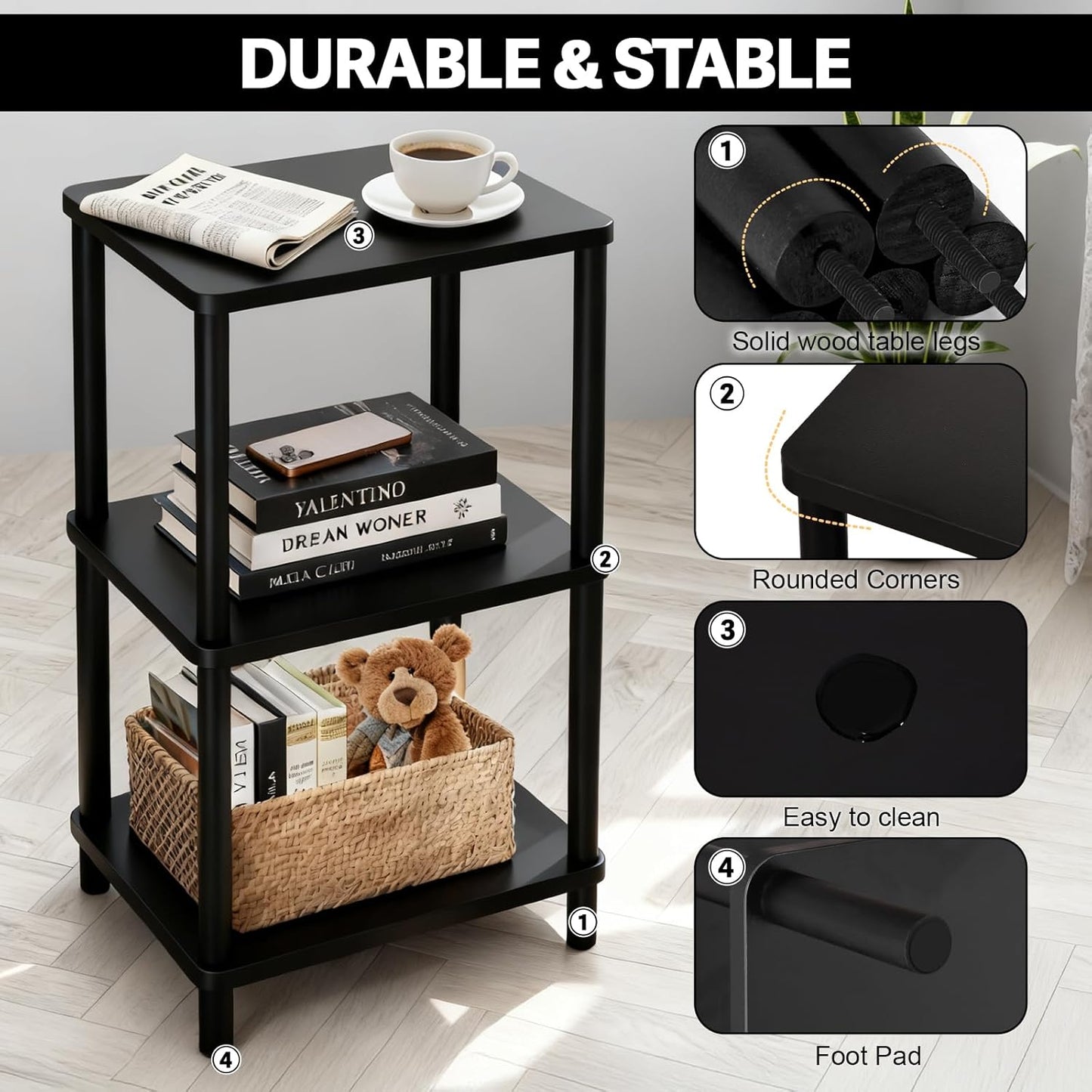 3 Tier Black Side Table ，Small End Table with Solid Wood Legs，28' Tall Bedside Table with Storage Shelf，Nightstand for Small Spaces，Living Room,Bedroom，Bathroom,No Tool Installation