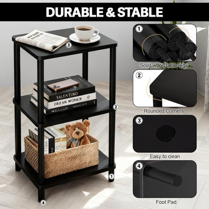 3 Tier Black Side Table ，Small End Table with Solid Wood Legs，28' Tall Bedside Table with Storage Shelf，Nightstand for Small Spaces，Living Room,Bedroom，Bathroom,No Tool Installation