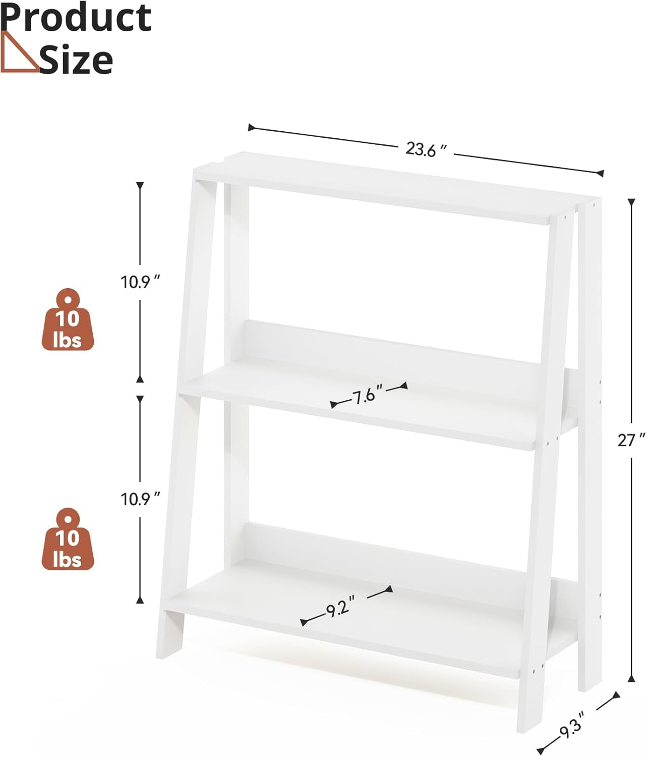 3-Tier Ladder Bookshelf, Bathroom Shelf Freestanding, Small Bookshelf with Storage, Display Stand for Home Office, Living Room, Kitchen, Bedroom, Bathroom, White