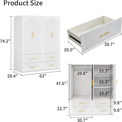 71" H 4 Doors Armoire Wardrobe Closet with Drawers, Bedroom Armoires Cabinet Wooden with Hanging Rod and Drawers,Large Wardrobes and Armoires for Storage Tall Wardrobe Armoires White