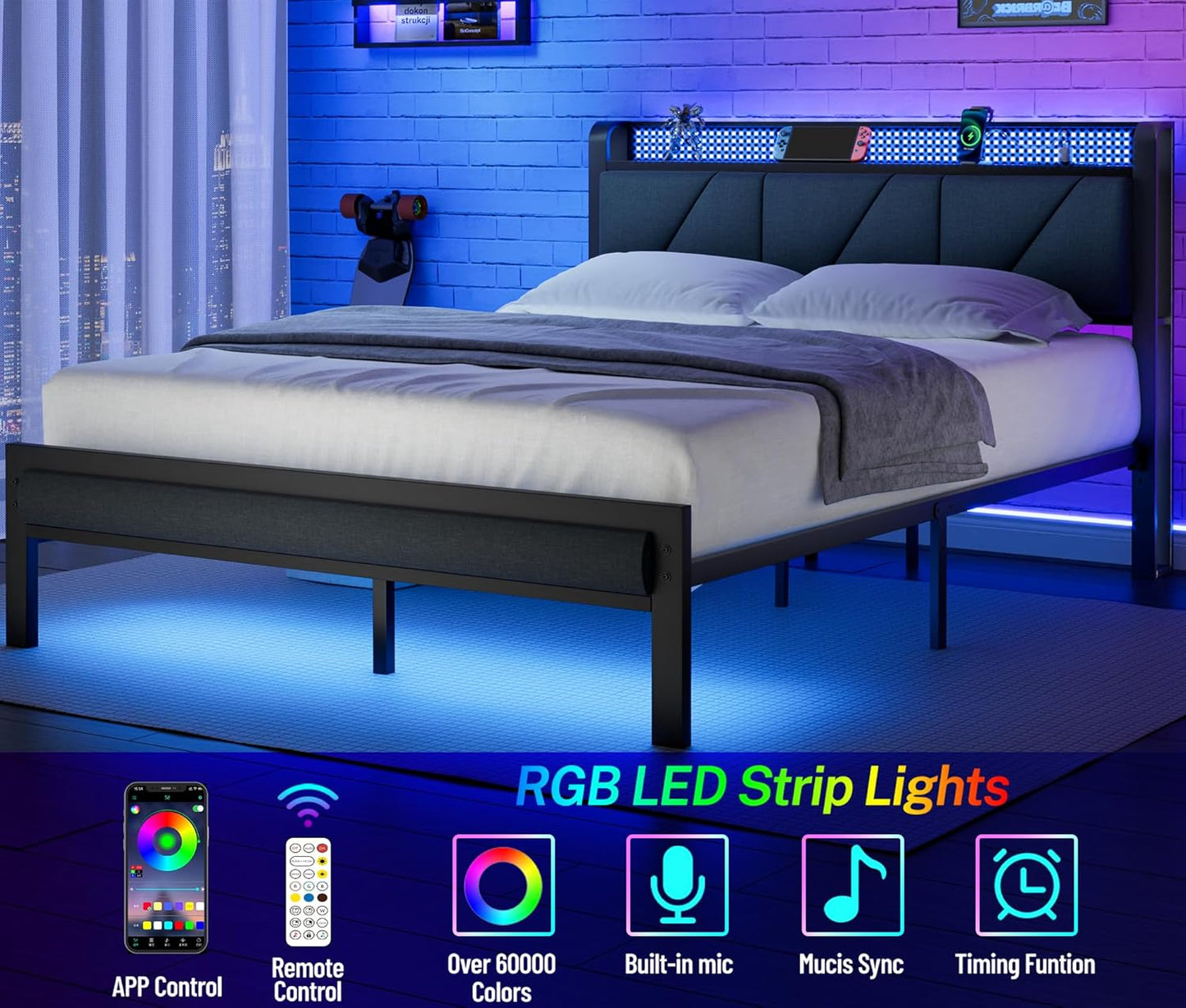 Full Bed Frame with LED Lights,Headboard with Charging Station and USB Port,Upholstered Platform Bedframe Metal Support,No Box Spring Needed