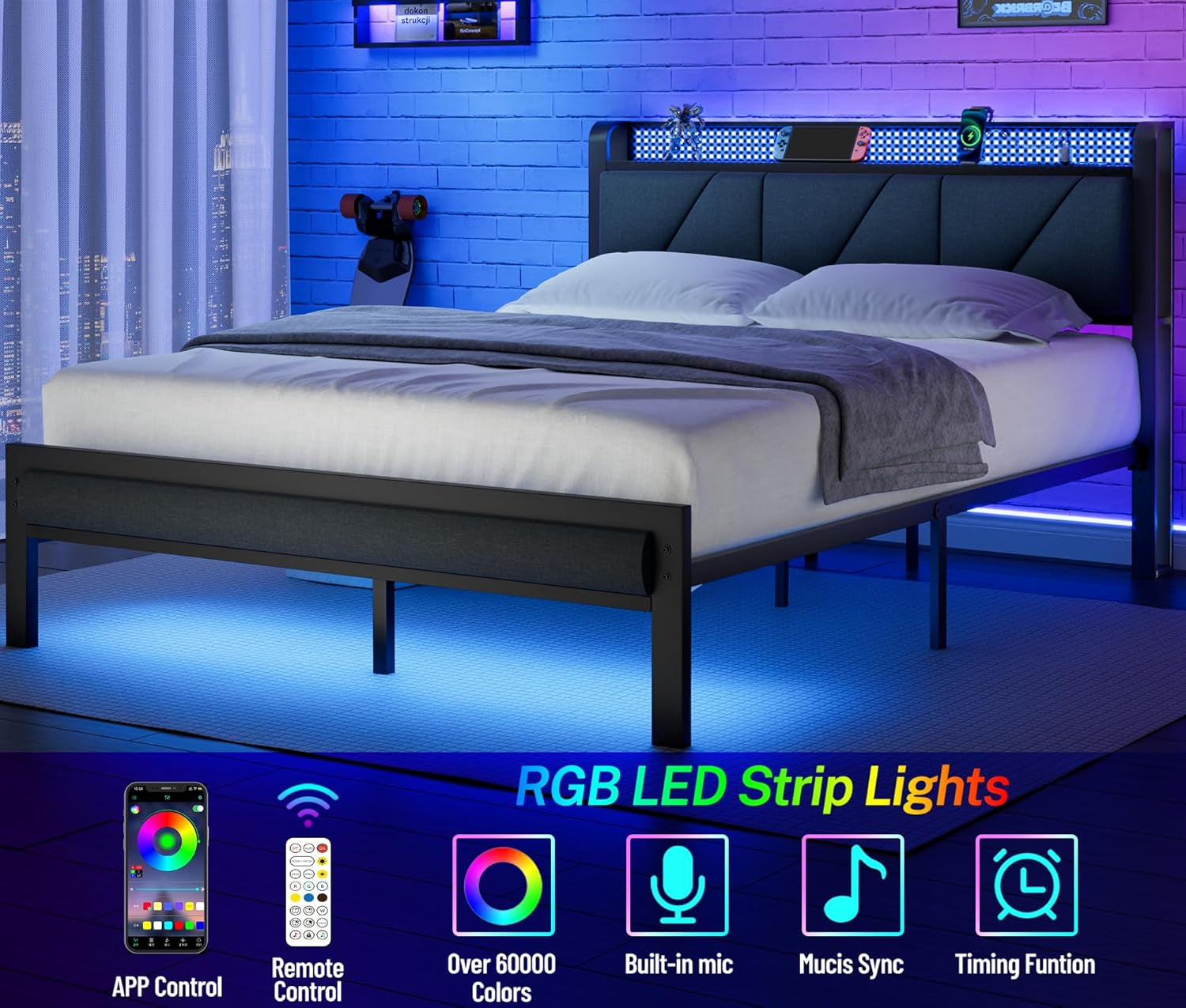 Full Bed Frame with LED Lights,Headboard with Charging Station and USB Port,Upholstered Platform Bedframe Metal Support,No Box Spring Needed
