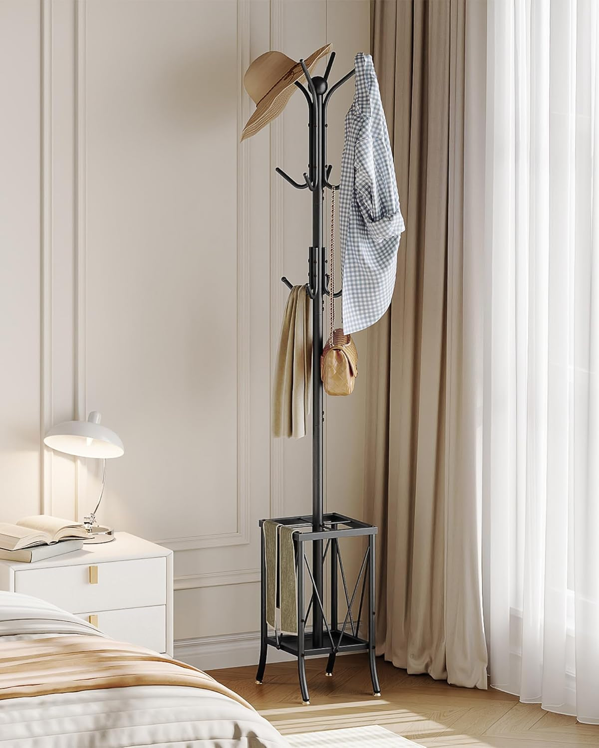 Coat Rack Freestanding, Coat Rack with Umbrella Holder, Entryway Hanger Stand With12 Hooks, Metal Hall Tree for Bags, Coats, Hats, Entryway, Hallway, Living Room, Bedroom, Office Black TYM01BB