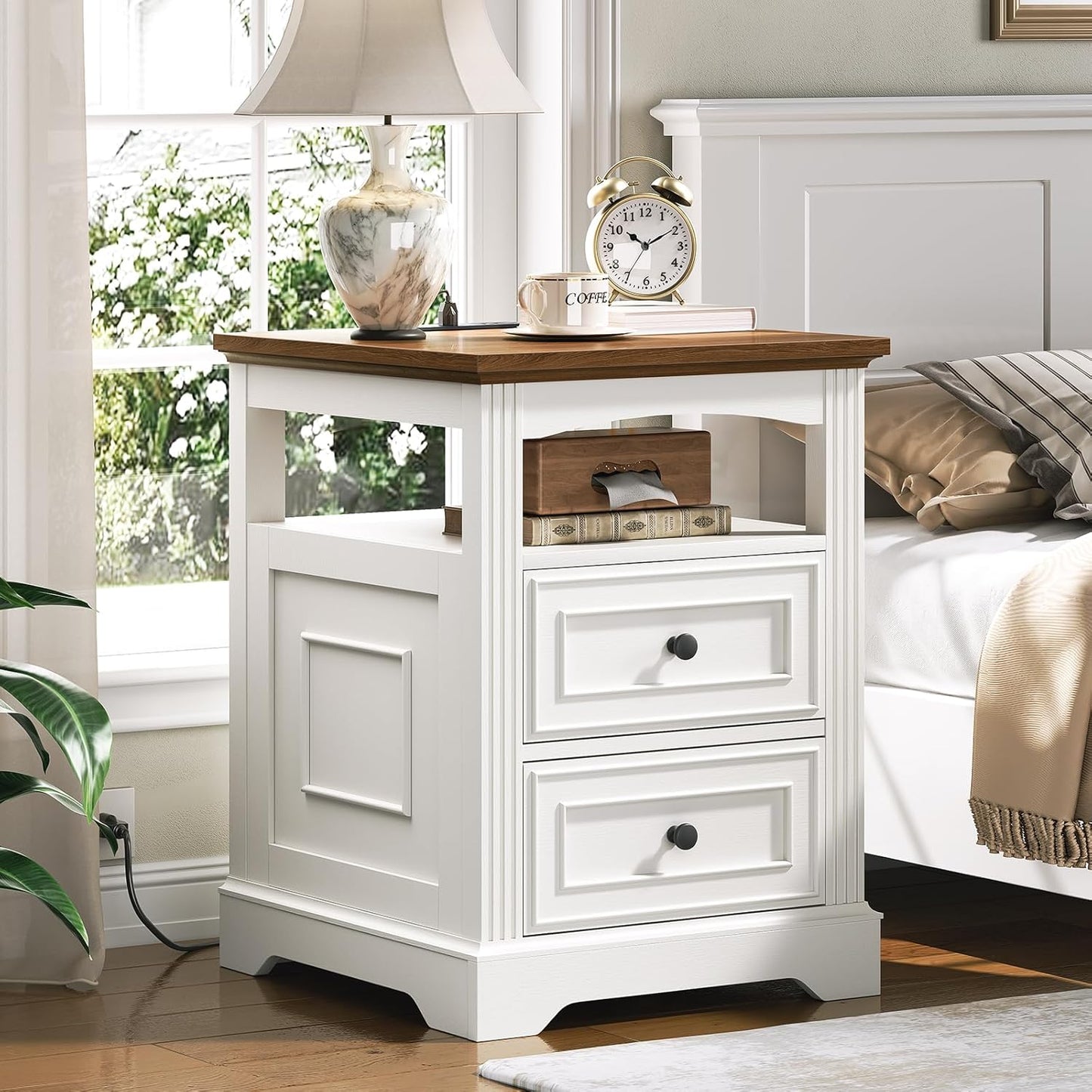 Farmhouse End Table with Charging Station, Large Side Table with Drawers and Open Shelf, Square Rustic Wooden Nightstand for Living Room, White and Walnut