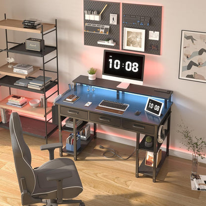 Gaming Desk with Led Lights and Power Outlets, 47 Inch Home Office Desk with Monitor Stand & Shelves, Writing Study Computer Desks with Fabric Drawers for Bedroom, Black