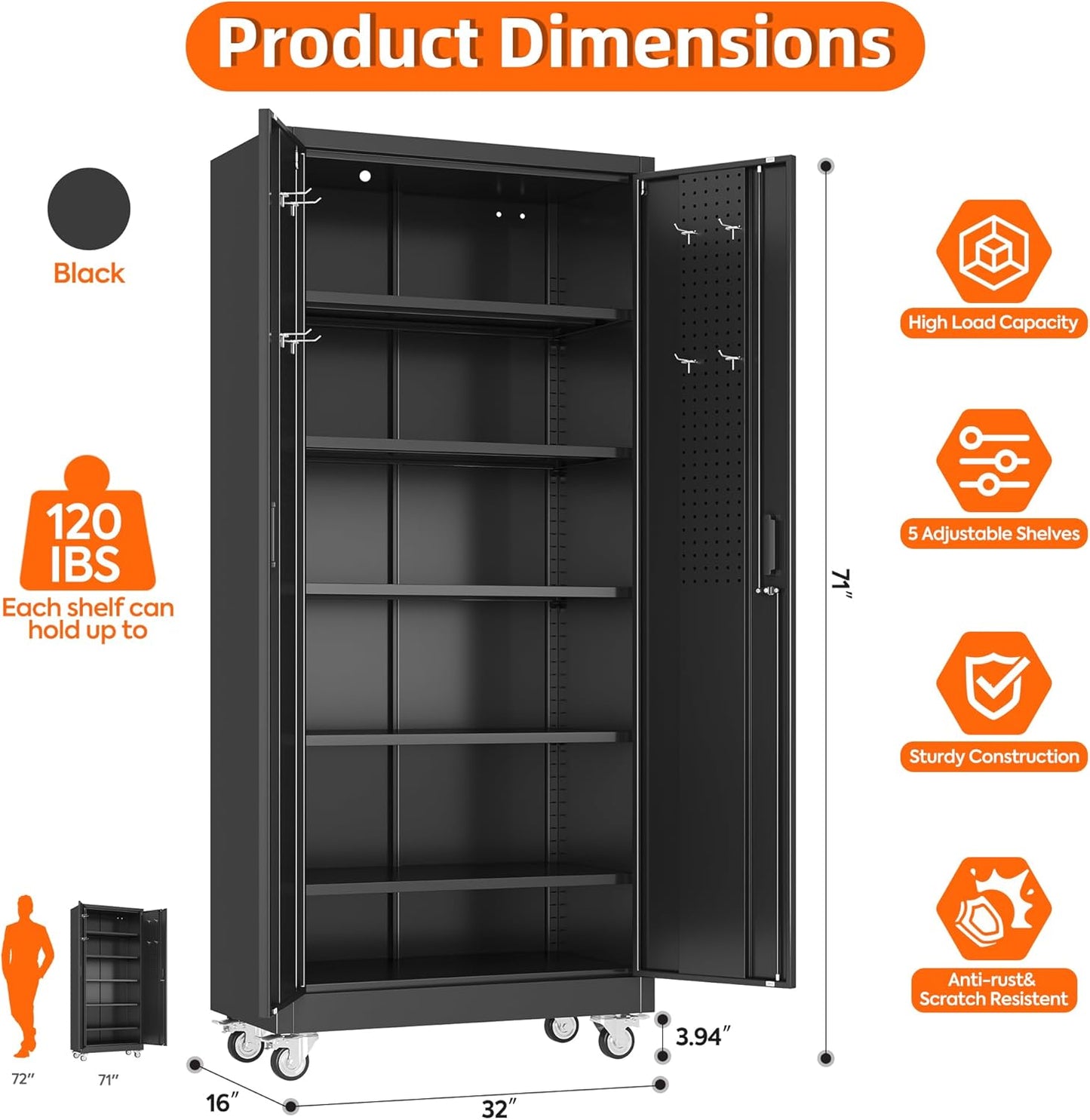 Garage Storage Cabinet with Wheels Pegboard and 5 Adjustable Shelves, 71'' X 32'' X 16''Metal Lockable Cabinet with Magnetic Doors,Tool Storage,Home Office Garage,Gym,School (Black)