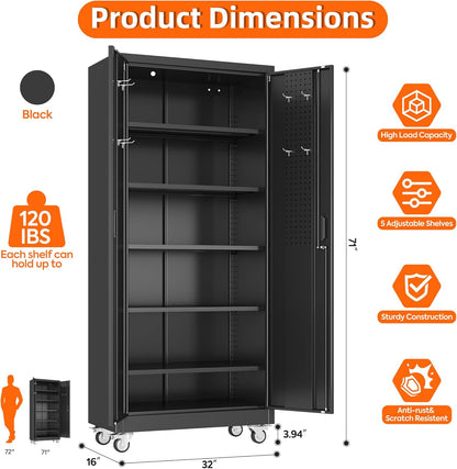 Garage Storage Cabinet with Wheels Pegboard and 5 Adjustable Shelves, 71'' X 32'' X 16''Metal Lockable Cabinet with Magnetic Doors,Tool Storage,Home Office Garage,Gym,School (Black)