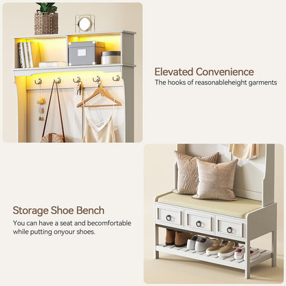 67” Farmhouse Hall Tree with Shoe Storage, Auto Sensor Wood Coat Tree with LED Lights, 3-In-1 Entryway Bench with Coat Rack, Hooks and Drawers for Hallway, Living Room, Bedroom (White)