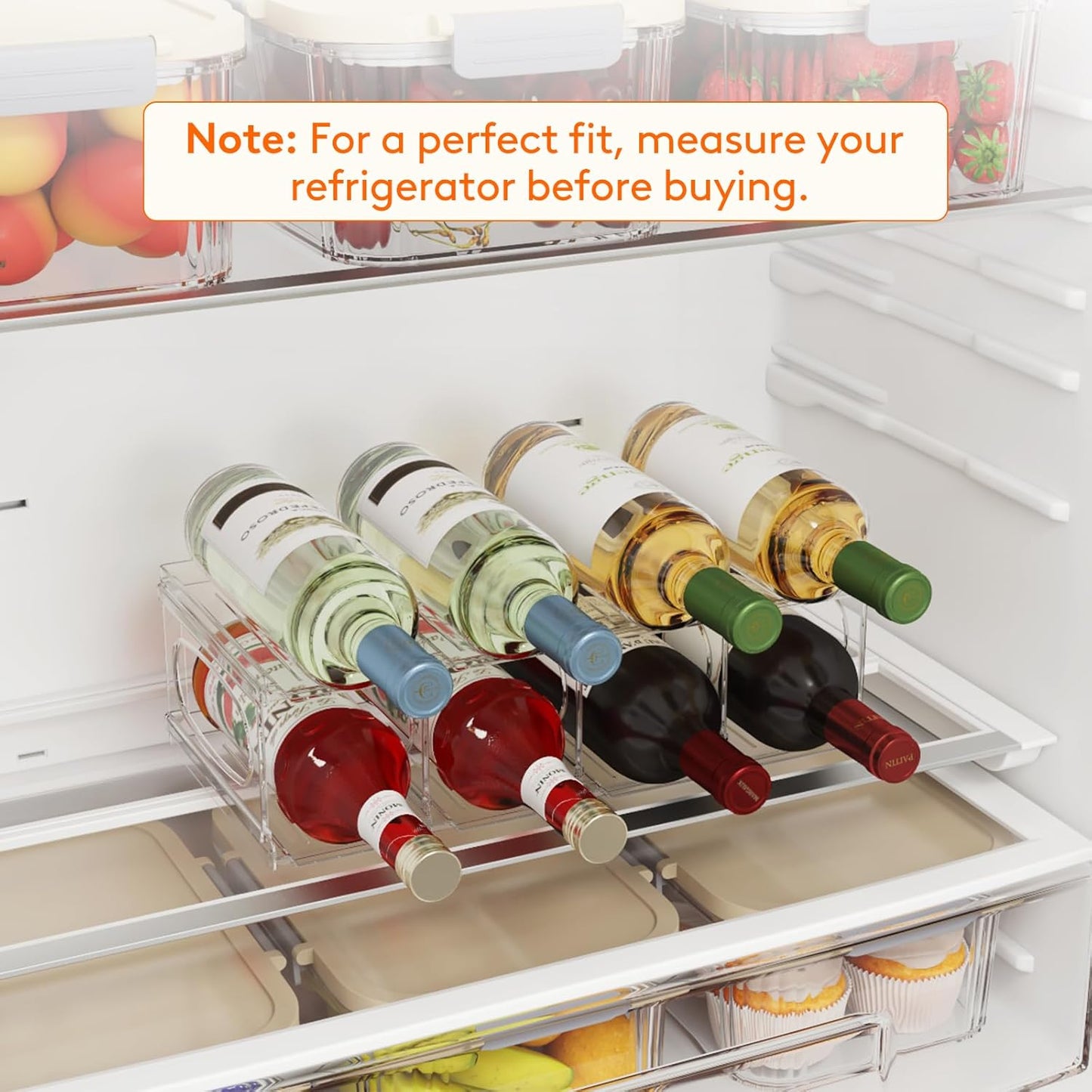 Wine Rack for Fridge, Stackable Wine Bottle Holder with Sturdy Support Insert & Reinforced Design, Plastic Bottle Organizer for Refrigerator, Cabinet & Pantry, Clear, Holds 8 Bottles