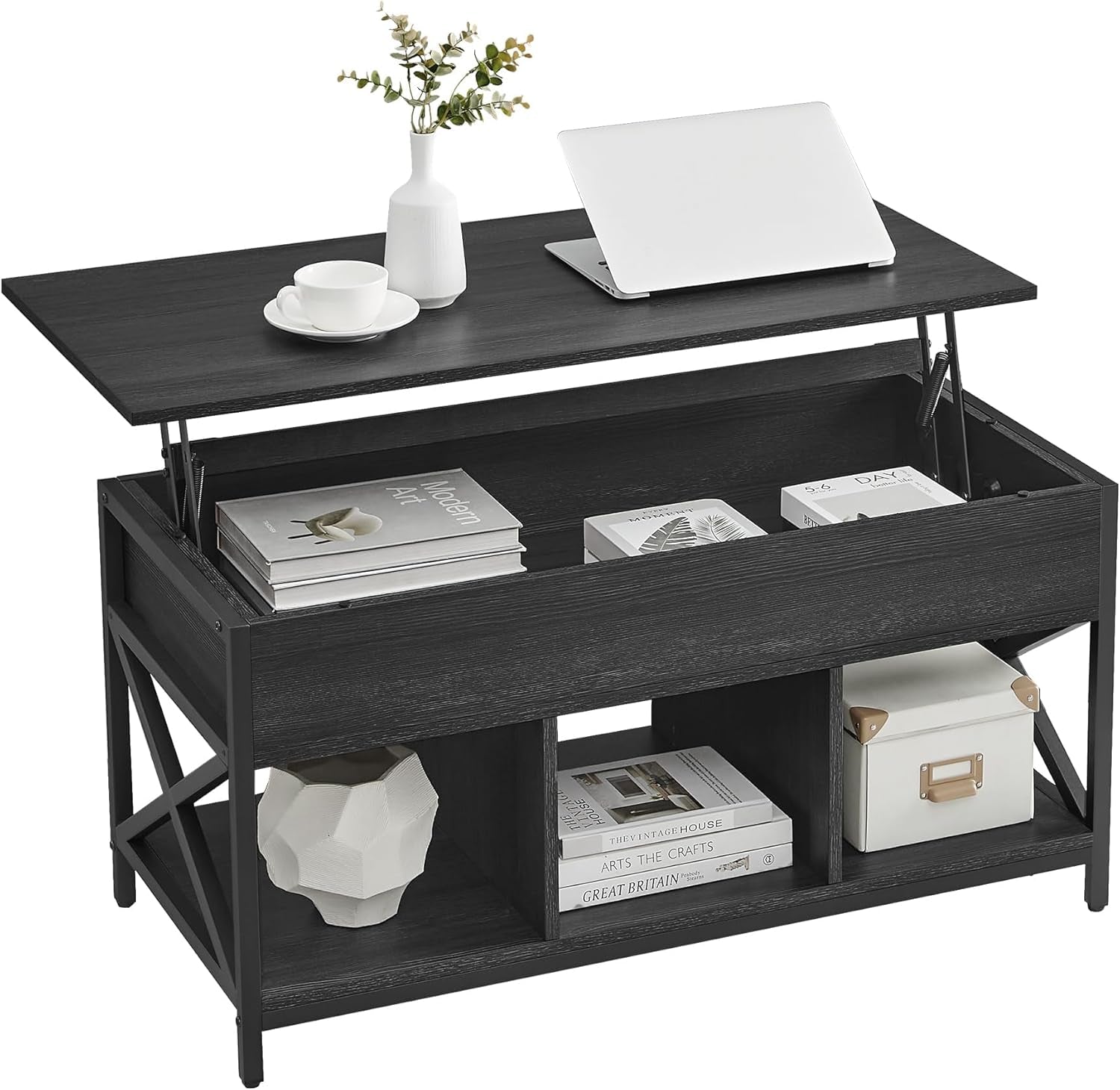 Lift Top Coffee Table, Lift Coffee Table with Storage Shelf, Hidden Compartments and Lifting Top, for Living Room, Office, 19.7 X 39.4 X (19.3-24.4) Inches, Black with Wood Grain ULCT202B22