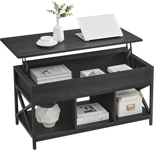 Lift Top Coffee Table, Lift Coffee Table with Storage Shelf, Hidden Compartments and Lifting Top, for Living Room, Office, 19.7 X 39.4 X (19.3-24.4) Inches, Black with Wood Grain ULCT202B22