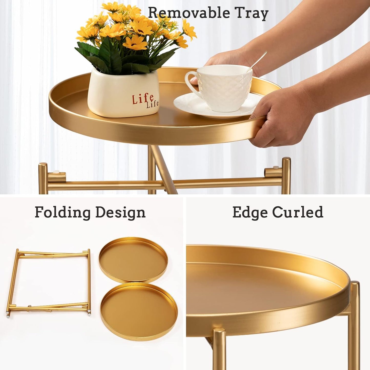 2 Tier Gold Side Table, Folding round Metal End Table Small Nightstand with Two Removable Tray for Bedroom Living Room Small Spaces Bedside Gold