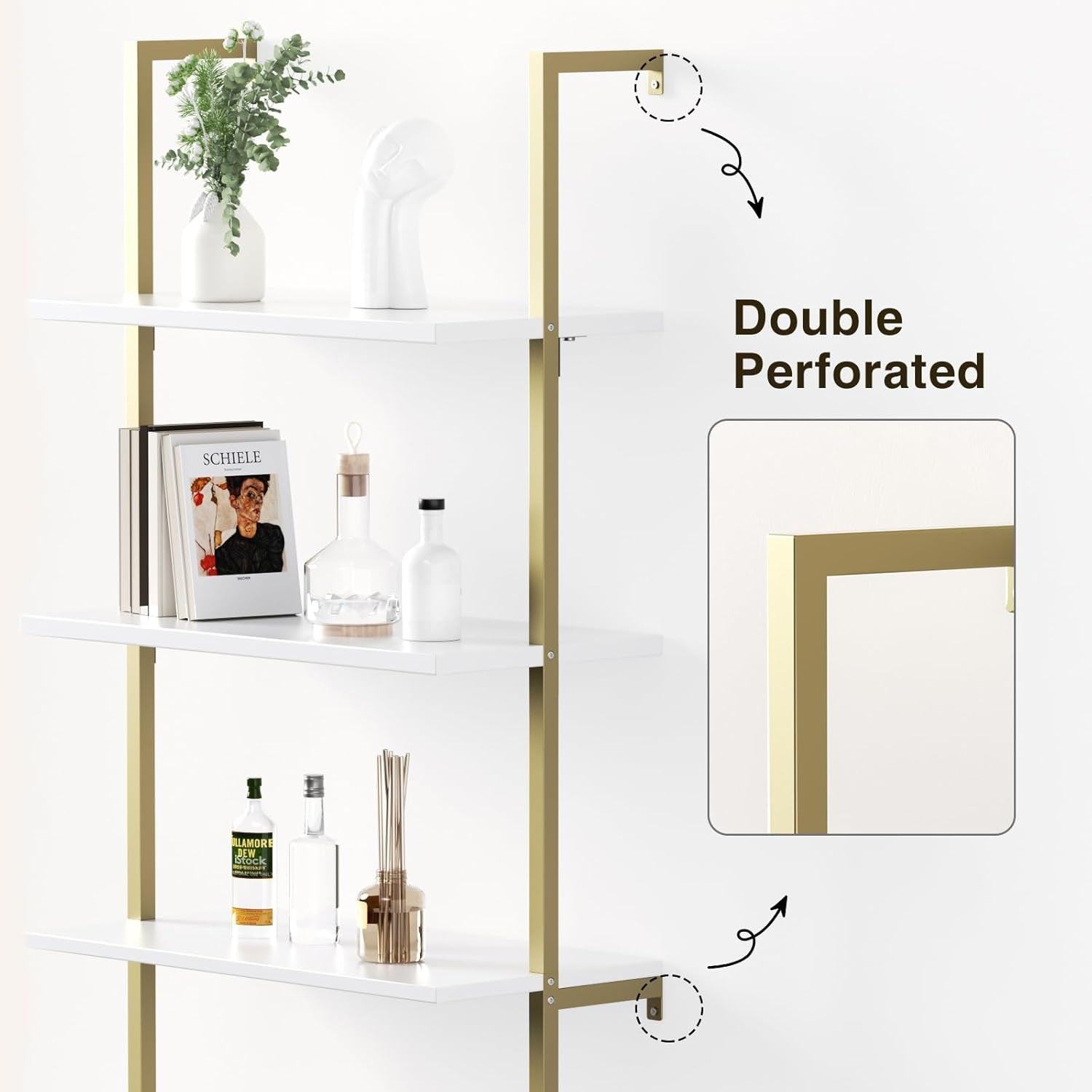 3 Tier White & Gold Ladder Shelf with Storage Cabinet, Modern Ladder Bookshelf with Doors, Wall Mount Bookcase with Metal Frame, Display Shelves for Living Room, Bedroom, Bathroom, Home Office