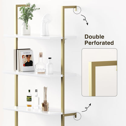 3 Tier White & Gold Ladder Shelf with Storage Cabinet, Modern Ladder Bookshelf with Doors, Wall Mount Bookcase with Metal Frame, Display Shelves for Living Room, Bedroom, Bathroom, Home Office