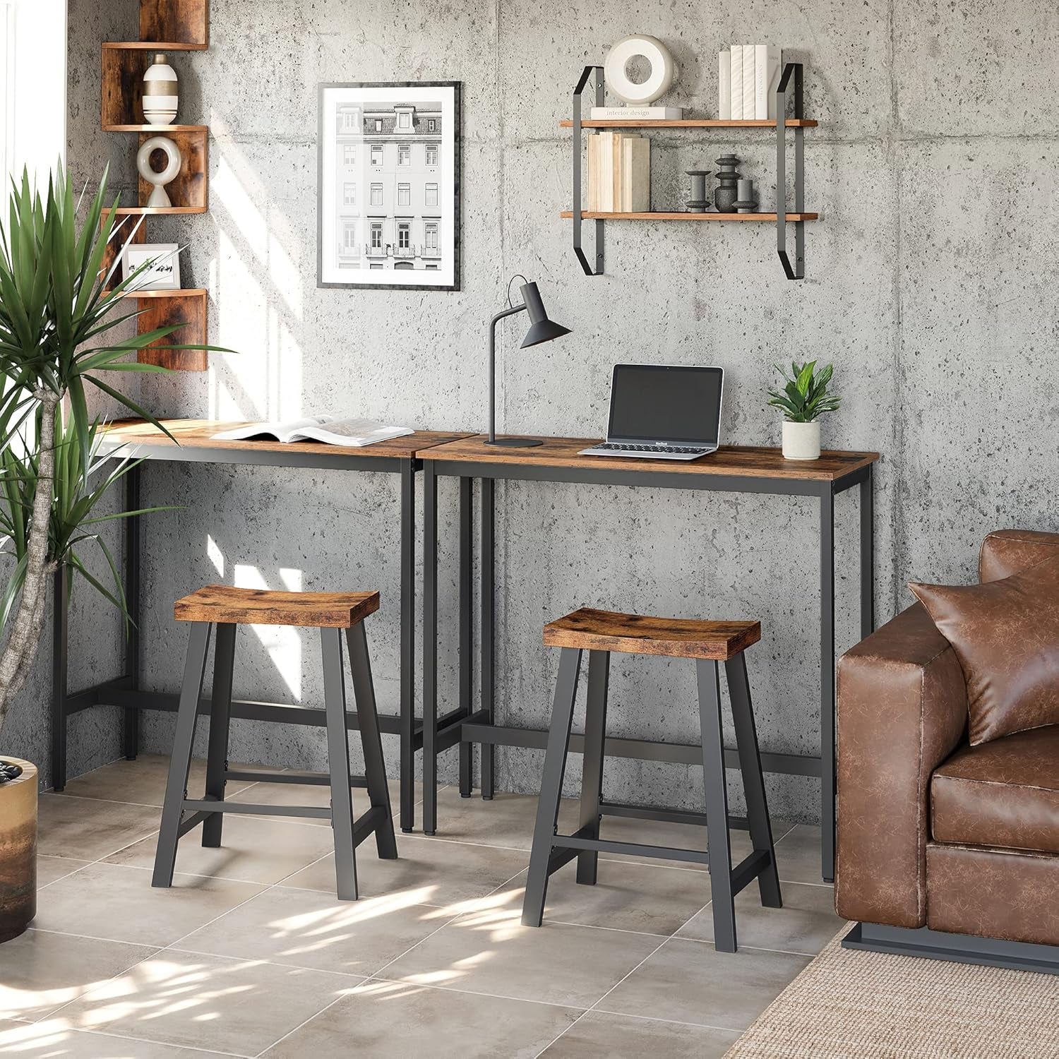 Bar Stools, Set of 2 Bar Chairs, Kitchen Breakfast Bar Stools with Footrest, 23.6 Inches High, Industrial in Living Room, Party Room, Rustic Brown and Black ULBC074B01