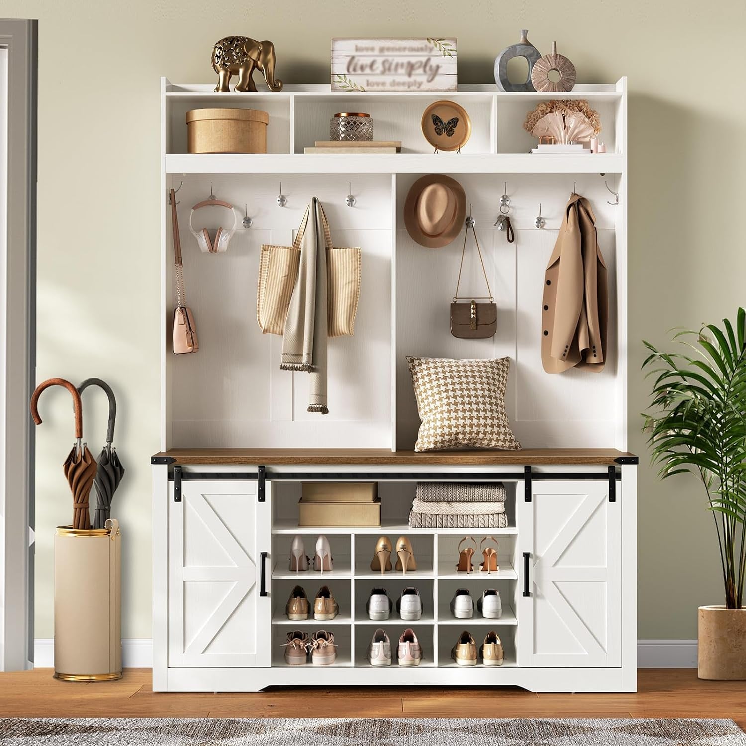 58" Farmhouse Hall Tree with Bench and Shoe Storage, 5-In-1 Entryway Bench with Coat Rack, 9 Shoe Cubbies & 12 Hooks, Led Lights and Adjustable Shelves & Barn Doors, Entryway Storage, White and Walnut