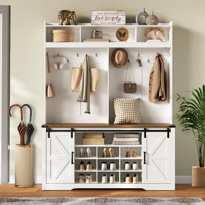 58" Farmhouse Hall Tree with Bench and Shoe Storage, 5-In-1 Entryway Bench with Coat Rack, 9 Shoe Cubbies & 12 Hooks, Led Lights and Adjustable Shelves & Barn Doors, Entryway Storage, White and Walnut