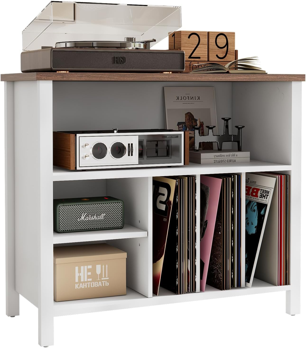 Record Player Stand, Mid-Century Vinyl Record Storage Cabinet, 3-Tier Record Player Holder, Turntable Stand with 4 Cabinet up to 220 Albums, End Table for Bedroom Music Room Living Room, White