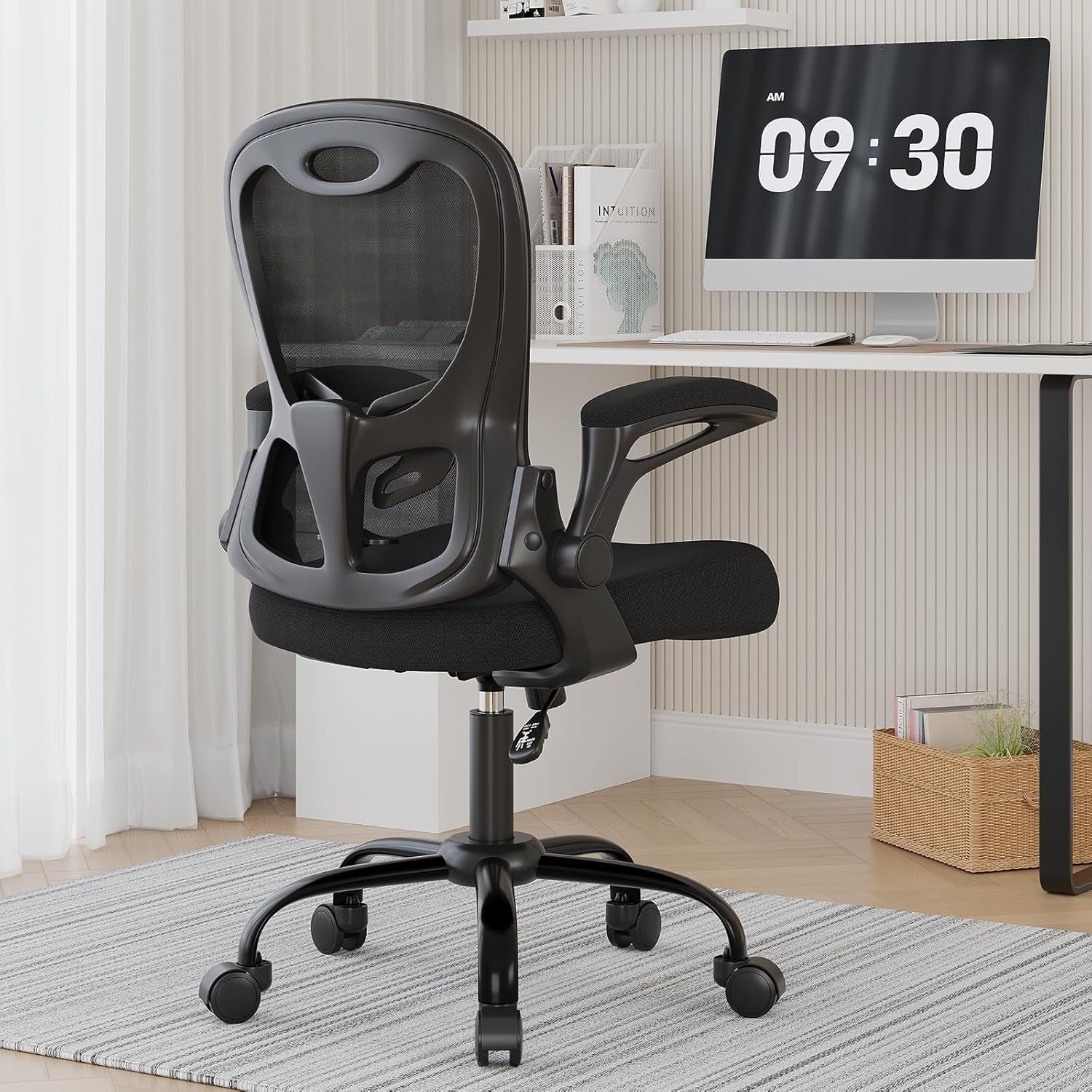 Office Chair, Ergonomic Desk Chair Breathable Mesh Chair with Adjustable High Back Lumbar Support Flip-Up Armrests, Long Hours Comfortable Computer Chair for Home Office, Black