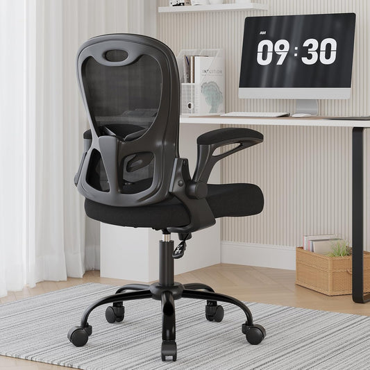 Office Chair, Ergonomic Desk Chair Breathable Mesh Chair with Adjustable High Back Lumbar Support Flip-Up Armrests, Long Hours Comfortable Computer Chair for Home Office, Black