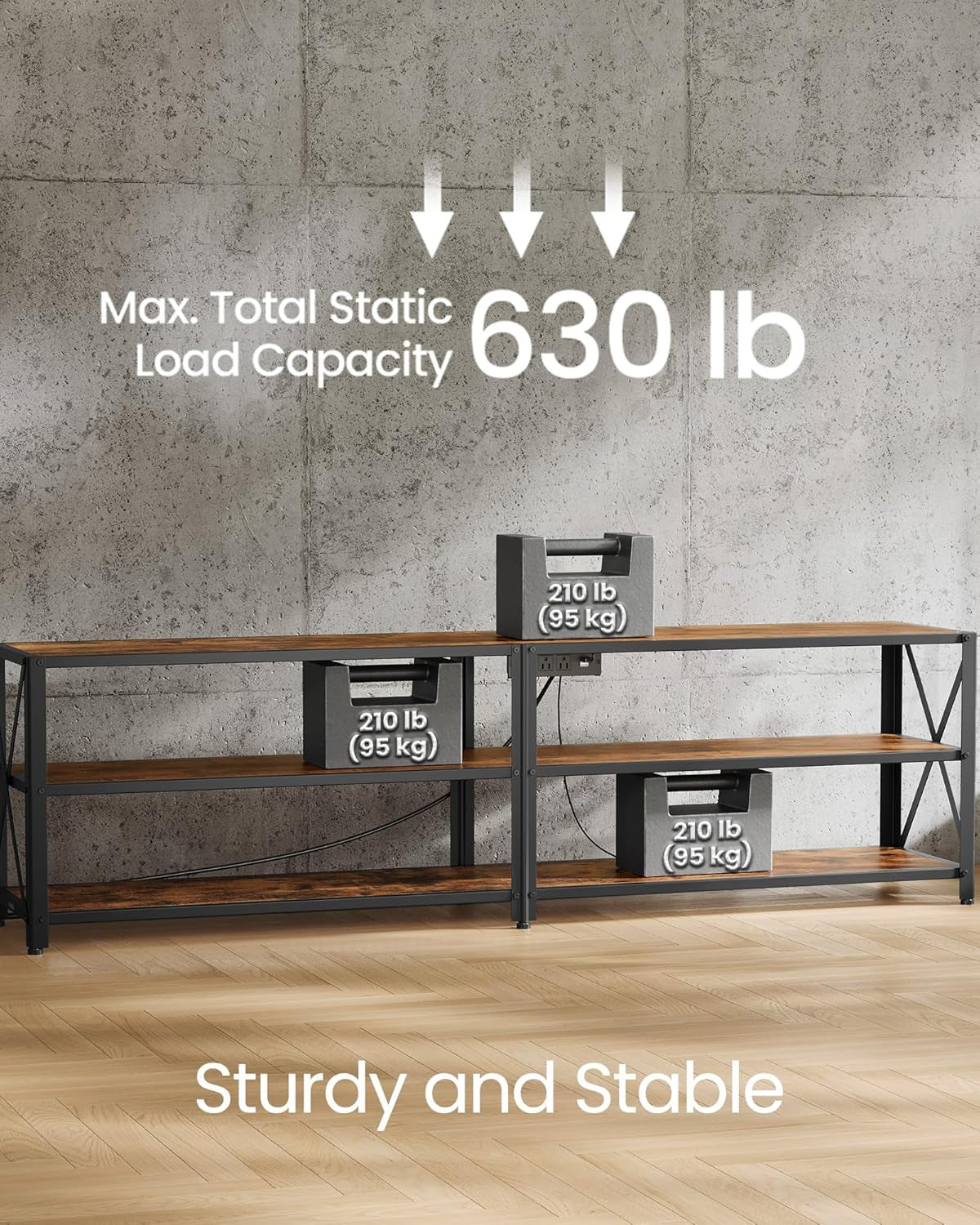 TV Stand with Power Outlets and LED Lights, for Tvs up to 75 Inches, Entertainment Center with Open Storage Shelves, TV Console Table for Living Room, Rustic Brown and Ink Black ULTV119K01