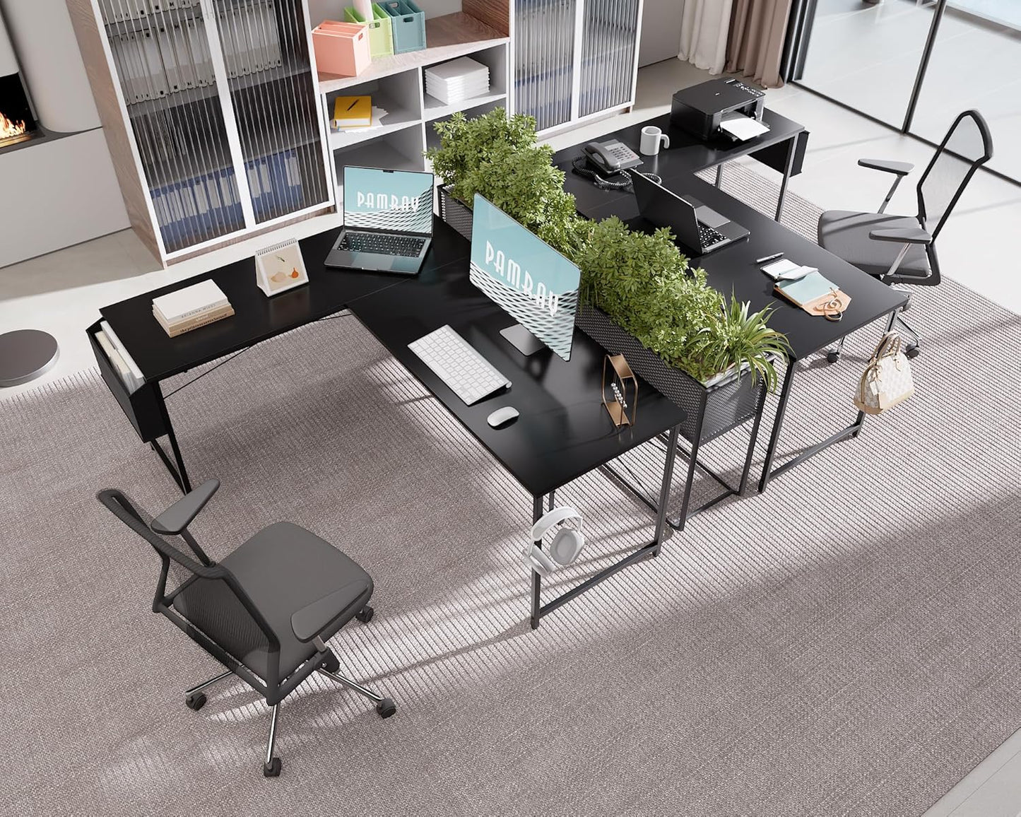 64.5 Inch Reversible L Shaped Gaming Desk Large Corner Computer Desk with Storage Bag Home Office Table for Writing Study Black