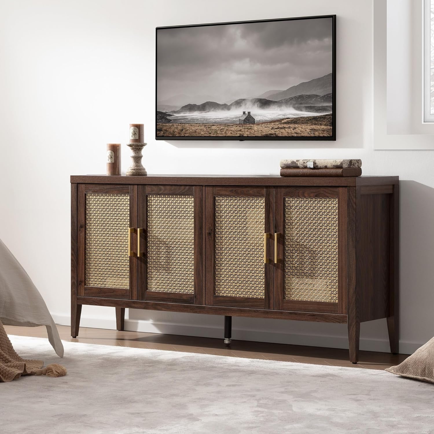 TV Stands for Living Room-Entertainment Center with Storage for Bedroom-Mid Century Modern Television Stands with 4 Doors 59" Media Console TV Cabinet Credenza for 45 50 55 60 65 Inch Tvs