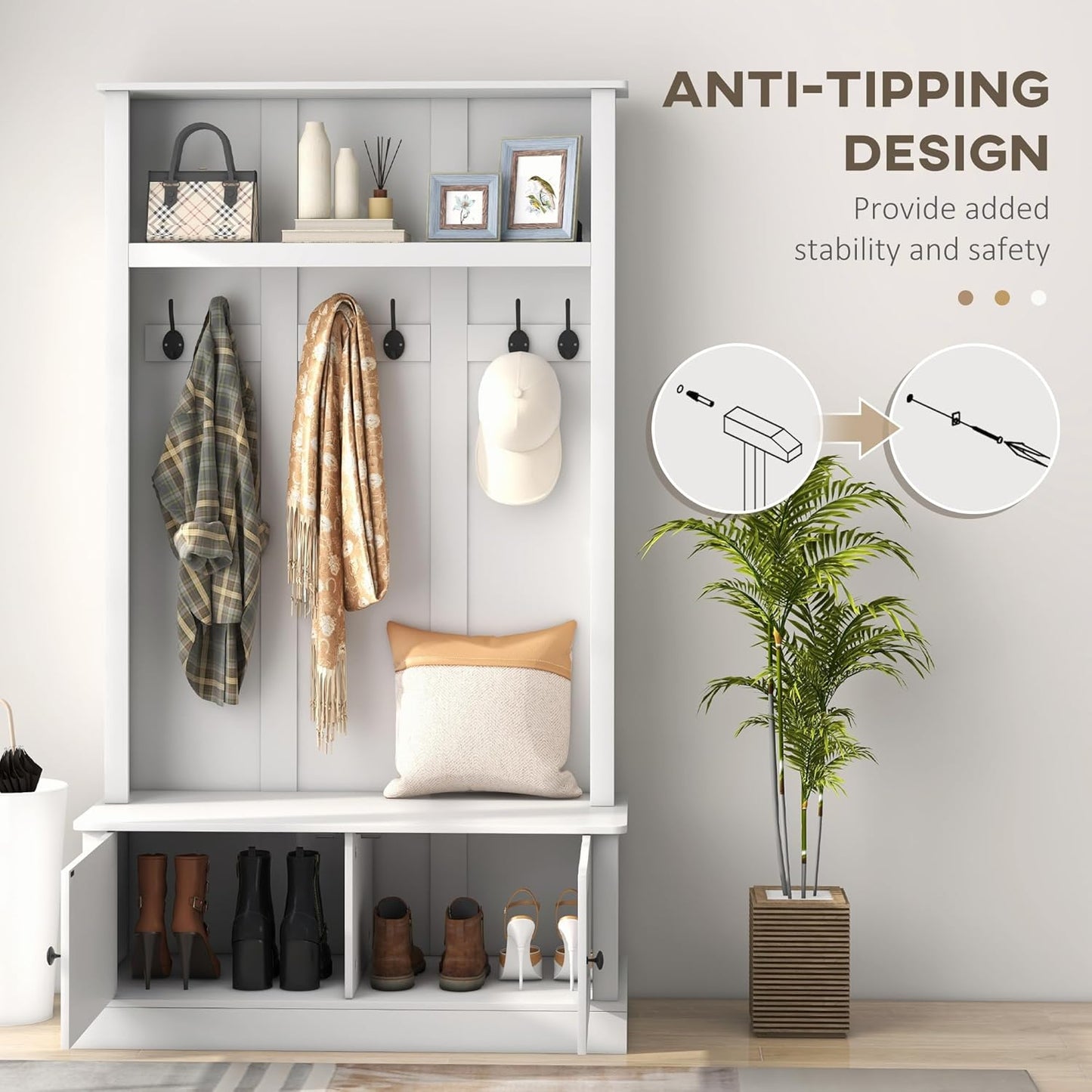 42" 3-In-1 Entryway Hall Tree with Storage Bench, Coat Rack with Six Hooks, Shoe Storage and Top Shelf, White