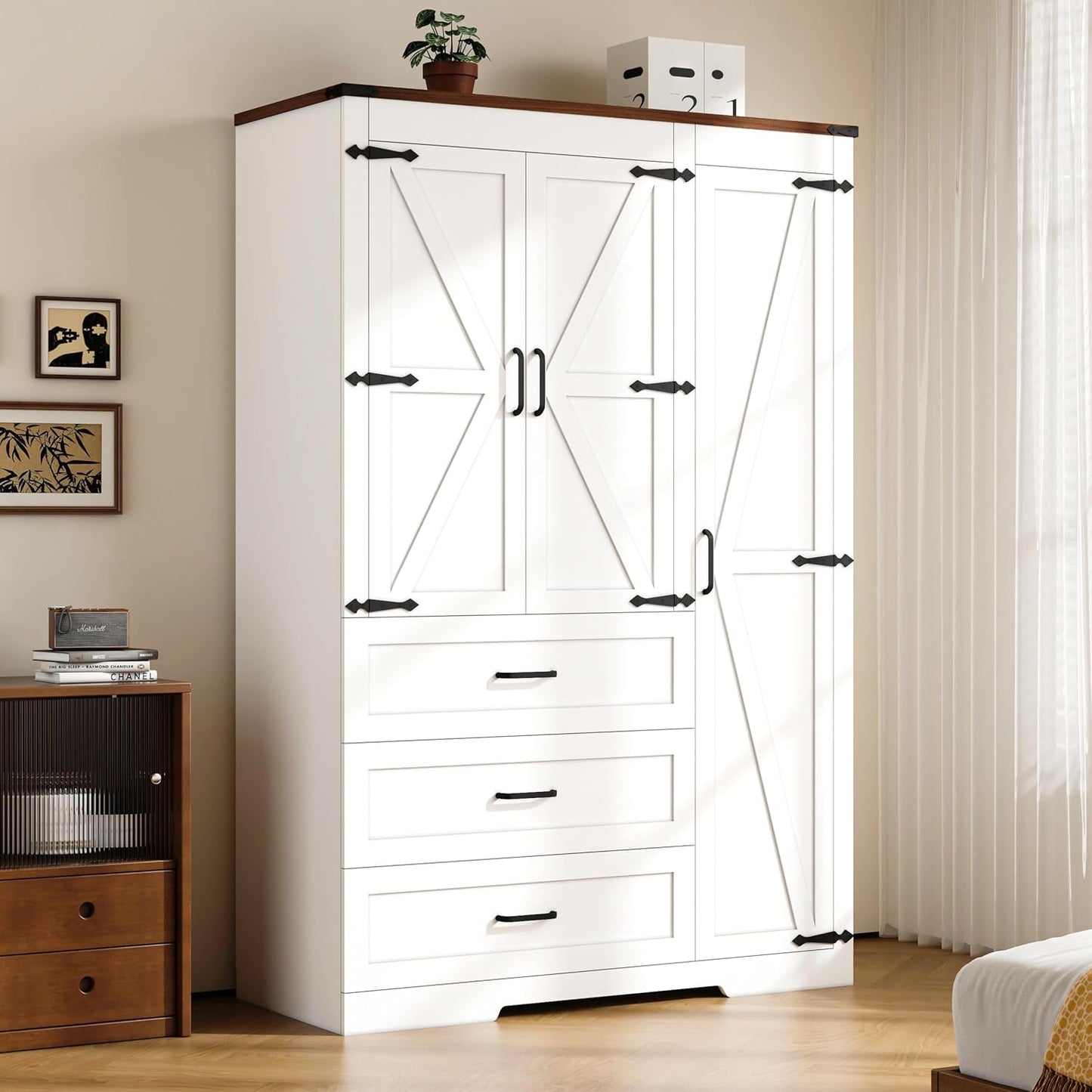 70" Tall Wardrobe Closet with 3 Doors & 3 Drawers, Farmhouse Armoire with Hanging Rod, Wooden Armoire Wardrobe Closet for Bedroom, Freestanding Clothing Storage Cabinet, White