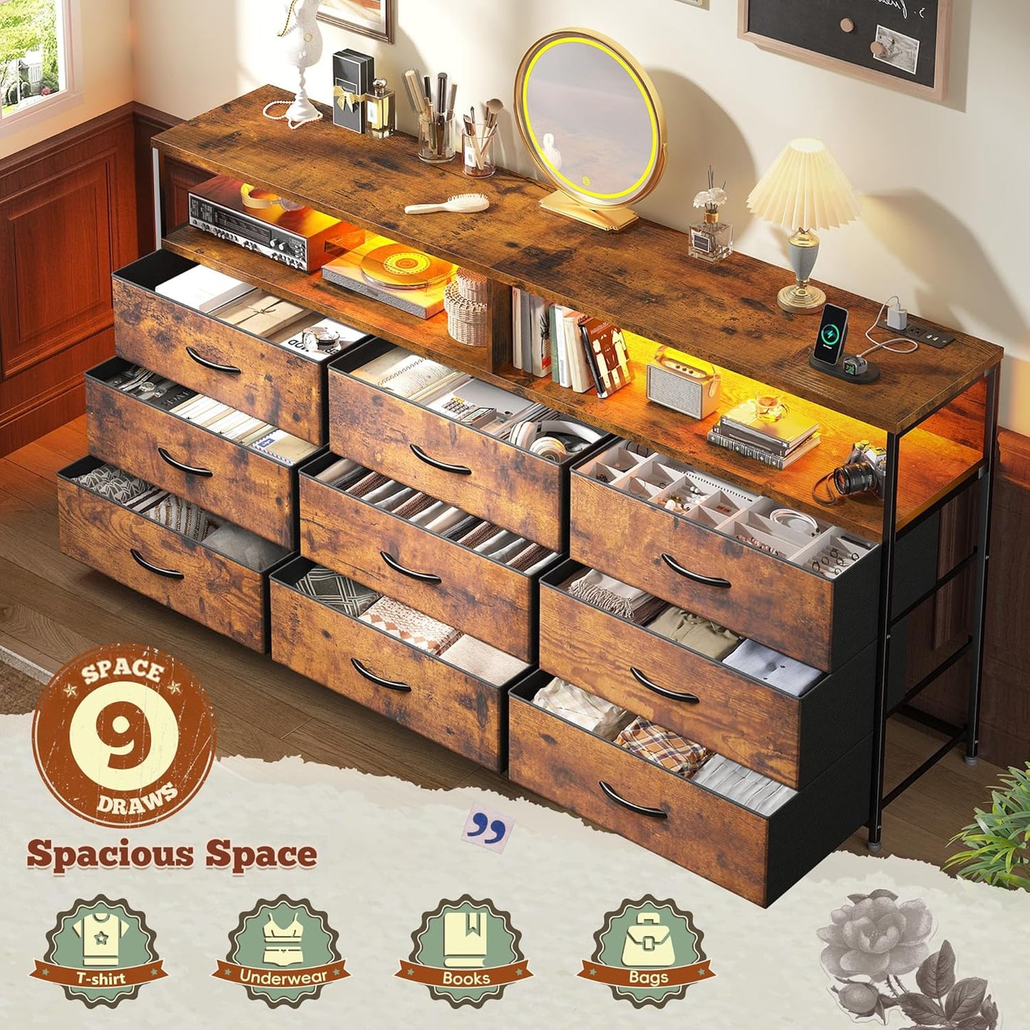 55" W Dresser for Bedroom with 9 Drawers, LED TV Stand with Power Outlets for 45, 55, 65 Inch TV, Sturdy Long Chest of Drawers with Extra 2 Wooden Shelves, Rustic Brown