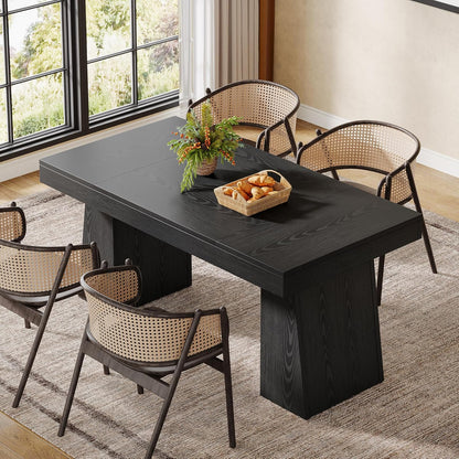 Black Dining Room Table for 4-6, 55-Inch Mid-Century Modern Dining Table with Double Pedstral, Rectangular Wood Kitchen Dinner Table for Dining Room, Kitchen, Home